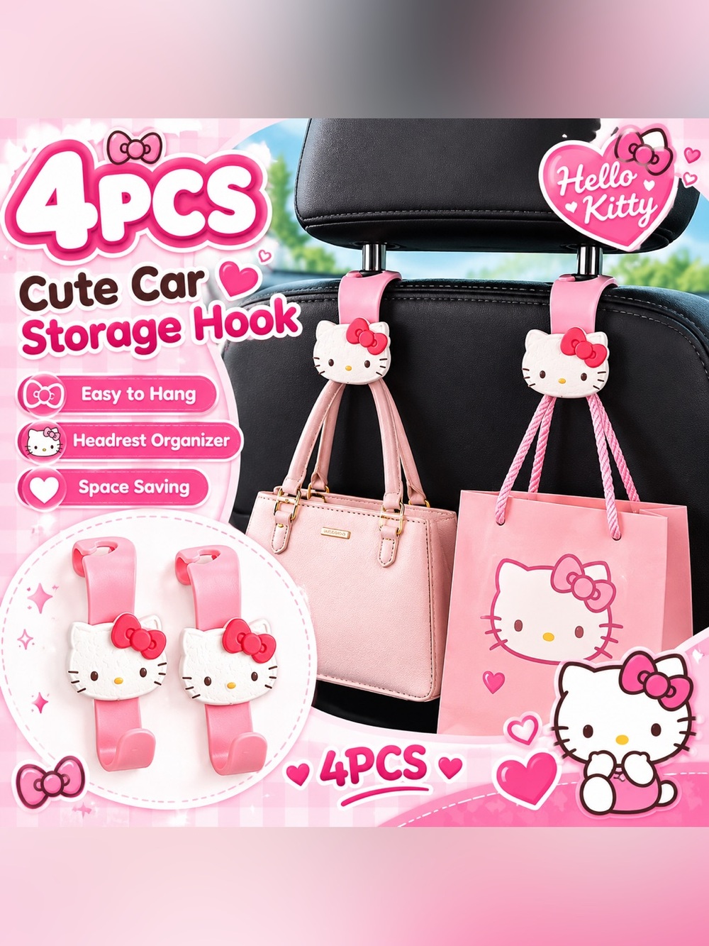 4 hello Kitty Car Seat Headrest Hooks - Universal Vehicle Backpack Hooks Hange